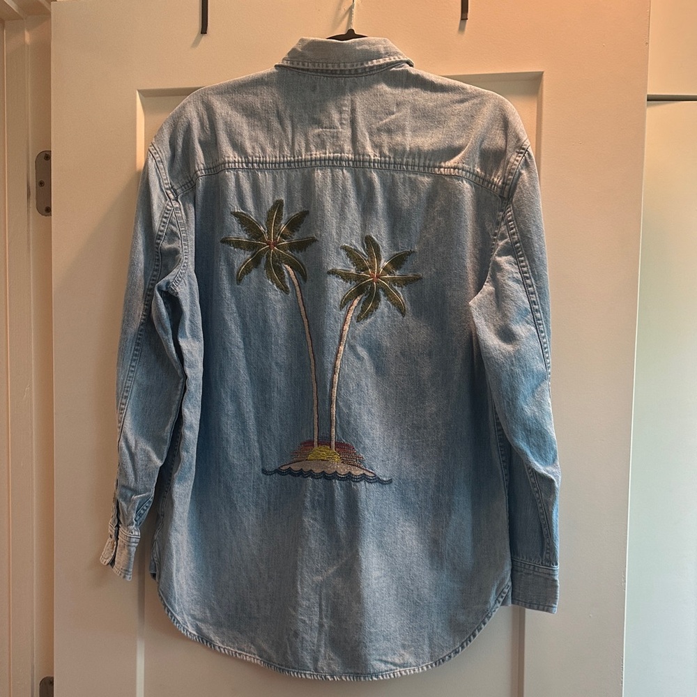 American Eagle Outfitters Light Blue Denim Blouse with Palm Tree Embroidery